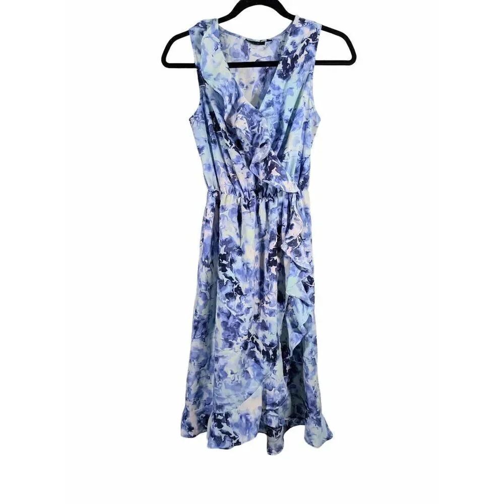 Apt. 9 Dress Blue Floral Sleeveless Faux Wrap Ruffle Small